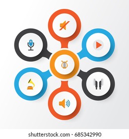 Music Flat Icons Set. Collection Of Quiet, Button, Shellac And Other Elements. Also Includes Symbols Such As Philharmonic, Earmuff, Button.