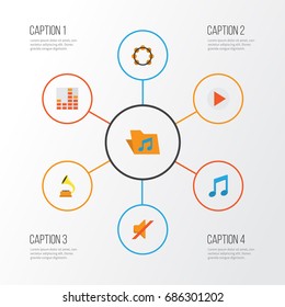 Music Flat Icons Set. Collection Of Tone, Button, Shellac And Other Elements. Also Includes Symbols Such As Shellac, Phonograph, Music.