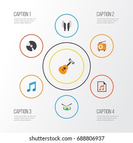 Music Flat Icons Set. Collection Of Acoustic, Broadcasting, Tone And Other Elements. Also Includes Symbols Such As Play, Disk, Guitar.