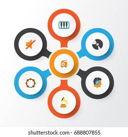 Music Flat Icons Set. Collection Of Dj, Broadcasting, Rhythm And Other Elements. Also Includes Symbols Such As Shellac, Pianoforte, Quiet.