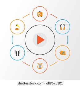 Music Flat Icons Set. Collection Of Broadcasting, Ear Muffs, Sonata And Other Elements. Also Includes Symbols Such As Phonograph, Gramophone, Earpiece.