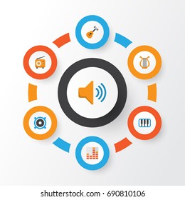 Music Flat Icons Set. Collection Of Pianoforte, Sonata, Loudspeaker And Other Elements. Also Includes Symbols Such As Fm, Philharmonic, Synthesizer.
