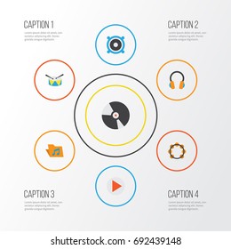 Music Flat Icons Set. Collection Of Ear Muffs, Button, Loudspeaker And Other Elements. Also Includes Symbols Such As Begin, Dj, Bullhorn.