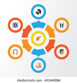 Music Flat Icons Set. Collection Of Ear Muffs, Earpiece, Quiet And Other Elements. Also Includes Symbols Such As Volume, Quiet, Controlling.
