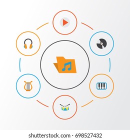 Music Flat Icons Set. Collection Of Band, Portfolio, Button Elements. Also Includes Symbols Such As Earmuff, Play, Disk.