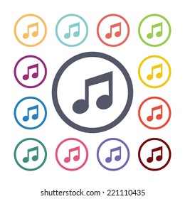 music flat icons set. Open round colorful buttons. Vector 