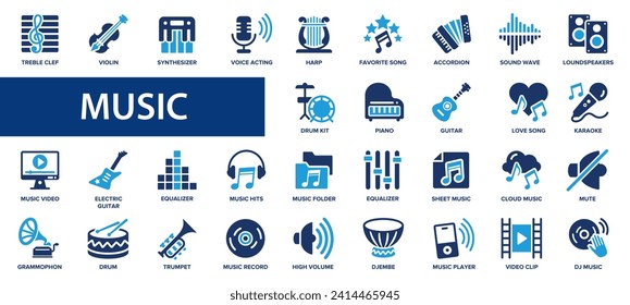 Music flat icons set. Sound, radio, piano, audio, disc, musical instrument icons and more signs. Flat icon collection.