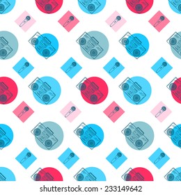 Music flat line retro seamless pattern with boombox, mic, cassete. Vector illustration for your artwork, poster, banners, print.