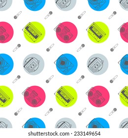 Music flat line retro seamless pattern with boombox, mic, cassete. Vector illustration for your artwork, poster, banners, print.