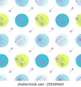 Music flat line retro seamless pattern with boombox, mic, cassete. Vector illustration for your artwork, poster, banners, print.