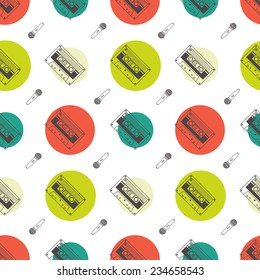 Music flat line retro seamless pattern with boombox, mic, cassete. Vector illustration for your artworks, poster, banners, print.