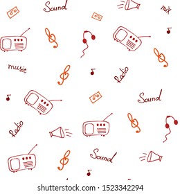 Music flat vector illustration. Cartoon retro radio, player, microphone,notes hand drawn character. Music festival promo banner, poster design element