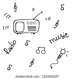 Music flat vector illustration. Cartoon retro radio, player, microphone,notes hand drawn character. Music festival promo banner, poster design element