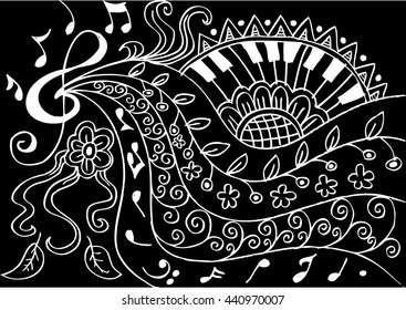 Music with floral background. Hand drawing illustration.