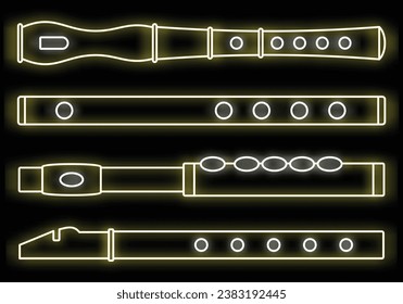 Music flute icon set. Outline set of music flute vector icons neon color on black