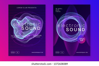 Music flyer. Bright show cover set. Dynamic gradient shape and line. Neon music flyer. Electro dance dj. Electronic sound fest. Techno trance party. Club event poster. 