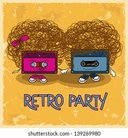 Music flyer with comic cassette tapes on a retro background