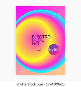 Music flyer. Cool disco concert invitation layout. Electronic sound. Night dance lifestyle holiday. Fluid holographic gradient shape and line. Poster for summer fest and music flyer.