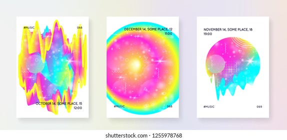 Music flyer. Creative invitation design set for techno event. Electronic sound. Night dance holiday. Fluid holographic gradient shape and line. Music flyer and poster for summer fest.