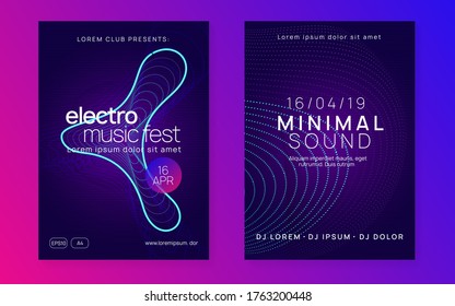 Music flyer. Digital discotheque invitation set. Dynamic fluid shape and line. Neon music flyer. Electro dance dj. Electronic sound fest. Techno trance party. Club event poster.