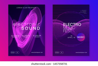 Music flyer. Dynamic fluid shape and line. Trendy concert invitation set. Neon music flyer. Electro dance dj. Electronic sound fest. Techno trance party. Club event poster.