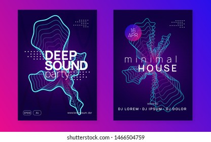 Music flyer. Dynamic fluid shape and line. Trendy concert banner set. Neon music flyer. Electro dance dj. Electronic sound fest. Techno trance party. Club event poster.