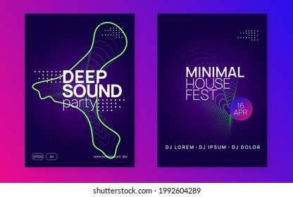 Music flyer. Dynamic fluid shape and line. Geometric show brochure set. Neon music flyer. Electro dance dj. Electronic sound fest. Techno trance party. Club event poster. 