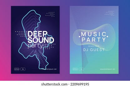 Music flyer. Dynamic fluid shape and line. Digital discotheque invitation set. Neon music flyer. Electro dance dj. Electronic sound fest. Techno trance party. Club event poster. 