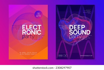 Music flyer. Dynamic fluid shape and line. Futuristic discotheque invitation set. Neon music flyer. Electro dance dj. Electronic sound fest. Techno trance party. Club event poster. 