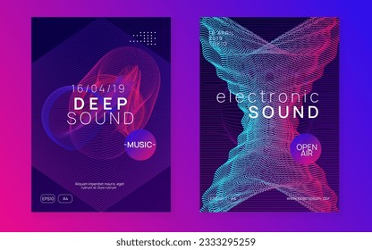 Music flyer. Dynamic fluid shape and line. Wavy concert brochure set. Neon music flyer. Electro dance dj. Electronic sound fest. Techno trance party. Club event poster. 