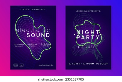Music flyer. Dynamic fluid shape and line. Curvy discotheque invitation set. Neon music flyer. Electro dance dj. Electronic sound fest. Techno trance party. Club event poster. 