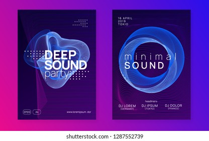 Music flyer. Dynamic gradient shape and line. Futuristic concert banner set. Neon music flyer. Electro dance dj. Electronic sound fest. Techno trance party. Club event poster. 
