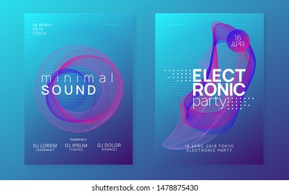 Music flyer. Dynamic gradient shape and line. Wavy show magazine set. Neon music flyer. Electro dance dj. Electronic sound fest. Techno trance party. Club event poster.