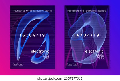 Music flyer. Dynamic gradient shape and line. Wavy concert brochure set. Neon music flyer. Electro dance dj. Electronic sound fest. Techno trance party. Club event poster. 