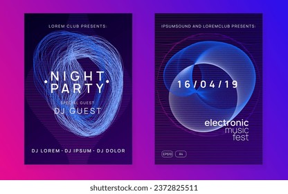 Music flyer. Dynamic gradient shape and line. Digital discotheque invitation set. Neon music flyer. Electro dance dj. Electronic sound fest. Techno trance party. Club event poster. 