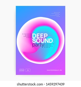 Music flyer. Electronic sound. Night dance lifestyle holiday. Abstract electro concert brochure layout. Fluid holographic gradient shape and line. Poster for summer fest and music flyer.