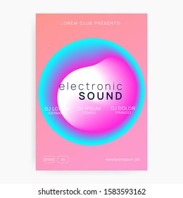 Music flyer. Electronic sound. Night dance lifestyle holiday. Feminine disco show invitation template. Fluid holographic gradient shape and line. Poster for summer fest and music flyer.