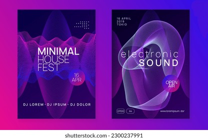 Music flyer. Energy concert banner set. Dynamic fluid shape and line. Neon music flyer. Electro dance dj. Electronic sound fest. Techno trance party. Club event poster. 
