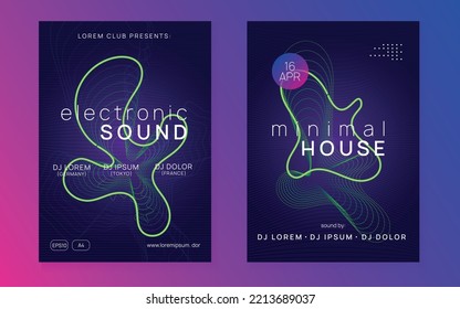 Music flyer. Energy discotheque banner set. Dynamic gradient shape and line. Neon music flyer. Electro dance dj. Electronic sound fest. Techno trance party. Club event poster. 