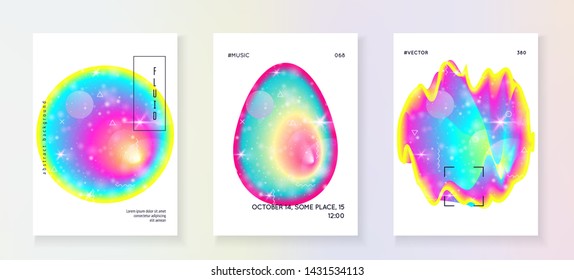 Music flyer. Feminine invitation layout set for electro party. Electronic sound. Night dance holiday. Fluid holographic gradient shape and line. Music flyer and poster for summer fest.