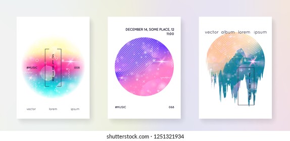 Music flyer. Fluid holographic gradient shape and line. Dynamic magazine template set for trance show. Electronic sound. Night dance holiday. Music flyer and poster for summer fest.