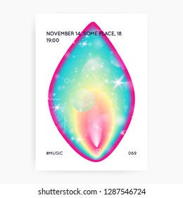 Music flyer. Fluid holographic gradient shape and line. Bright presentation design for trance concert. Electronic sound. Night lifestyle dance holiday. Music flyer and poster for summer fest.
