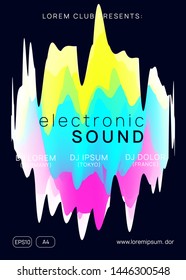Music flyer. Fluid holographic gradient shape and line. Electronic sound. Night dance lifestyle holiday. Modern indie concert cover layout. Poster for summer fest and music flyer.