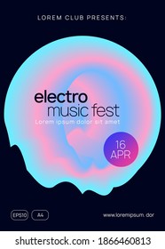 Music flyer. Fluid holographic gradient shape and line. Geometric house event banner design. Electronic sound. Night dance lifestyle holiday. Poster for summer fest and music flyer.