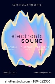 Music flyer. Fluid holographic gradient shape and line. Bright house concert brochure design. Electronic sound. Night dance lifestyle holiday. Poster for summer fest and music flyer.
