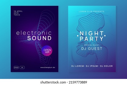 Music flyer. Geometric concert cover set. Dynamic fluid shape and line. Neon music flyer. Electro dance dj. Electronic sound fest. Techno trance party. Club event poster. 