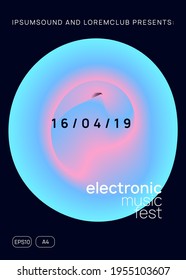 Music flyer. Geometric electro party banner template. Fluid holographic gradient shape and line. Electronic sound. Night dance lifestyle holiday. Poster for summer fest and music flyer.
