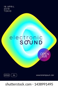 Music flyer. Geometric indie concert brochure design. Fluid holographic gradient shape and line. Electronic sound. Night dance lifestyle holiday. Poster for summer fest and music flyer.