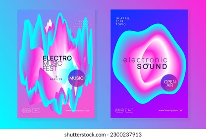 Music Flyer. Linear Electro Party. Gradient Background For Presentation Vector. Wave Glitch For Set. Sound And Nightlife Layout. Purple And Blue Music Flyer