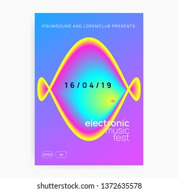 Music flyer. Minimal disco club cover layout. Fluid holographic gradient shape and line. Electronic sound. Night dance lifestyle holiday. Poster for summer fest and music flyer.
